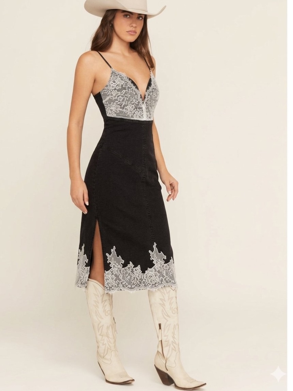 Blue B Denim and Lace Cami Top Midi Dress in Black Wash